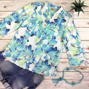 JM Collection Floral Watercolor V-Neck Linen Top